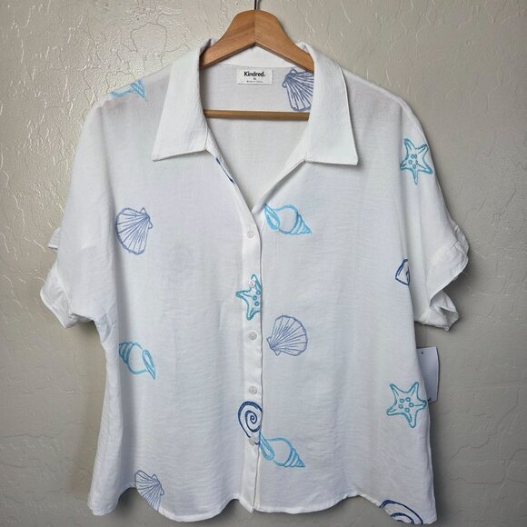 Anthropologie Kindred Embroidered Seashell Button Up Top White/Blue XL Beach NEW - Picture 1 of 12